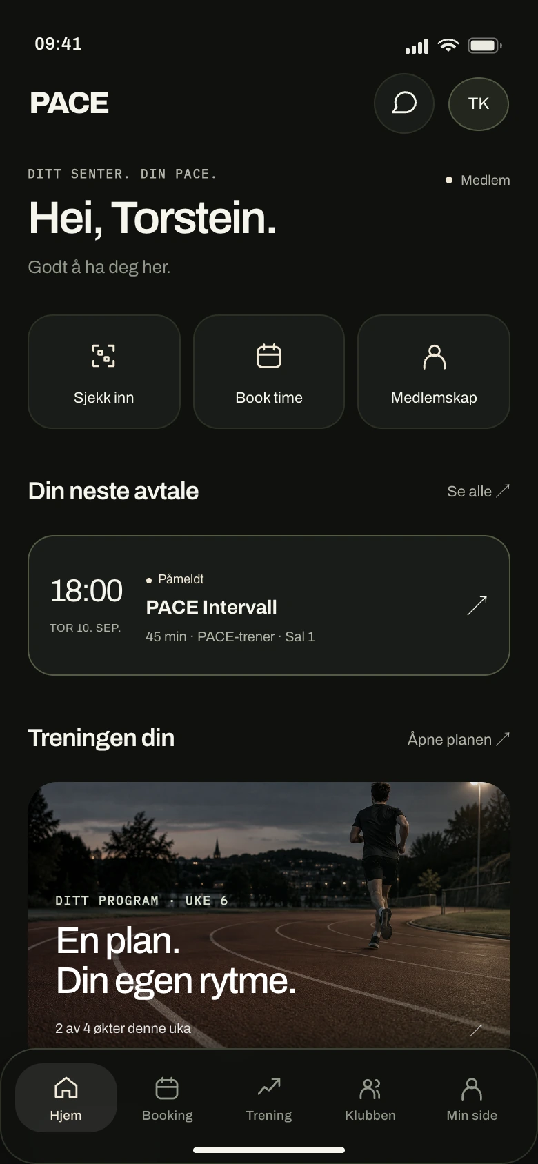 The PACE app – Home. Check-in, your next booking and your training plan, together on the home screen.